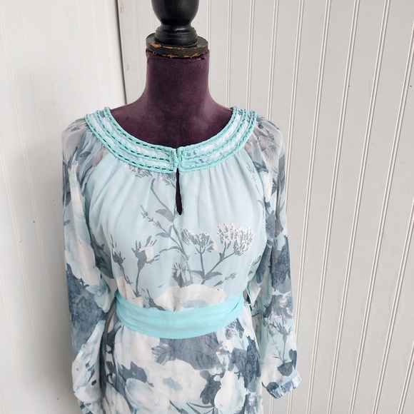 American Glamour Badgley Mischka Dress Womens Long Sleeve Chiffon Beaded Flowy M - Picture 3 of 16